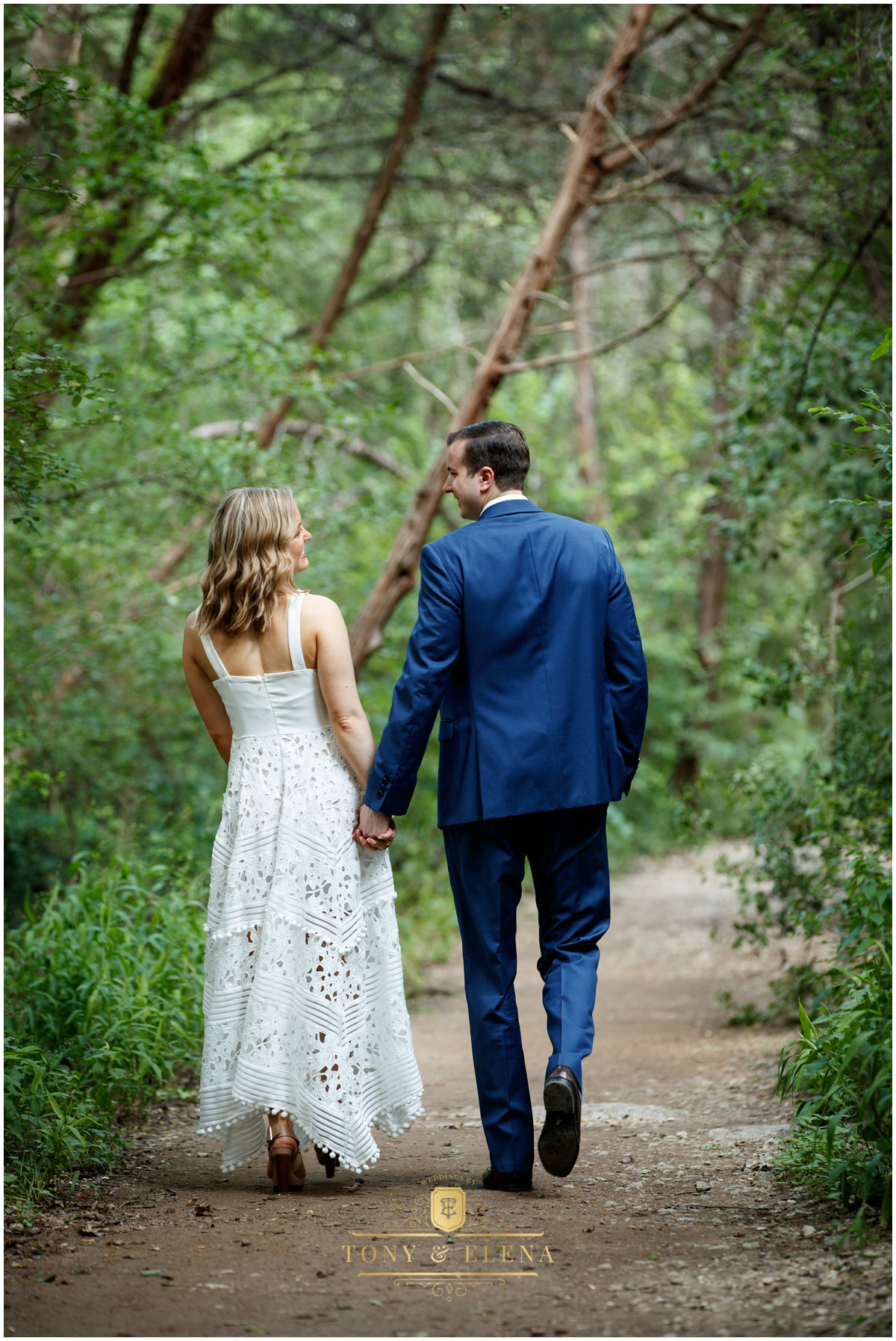 Austin engagement session bride groom walking greenbelt