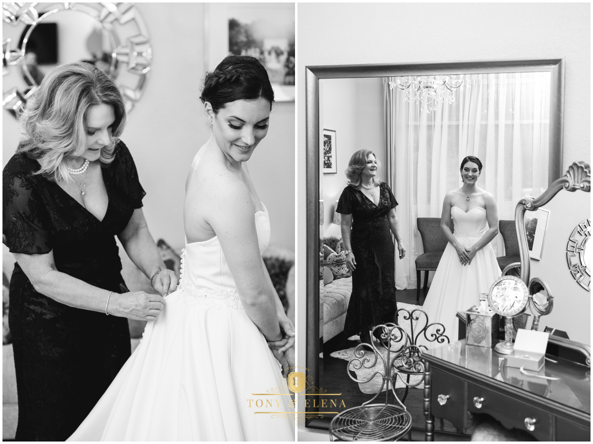 best wedding photographer in austin terrace club mom helping bride with dress