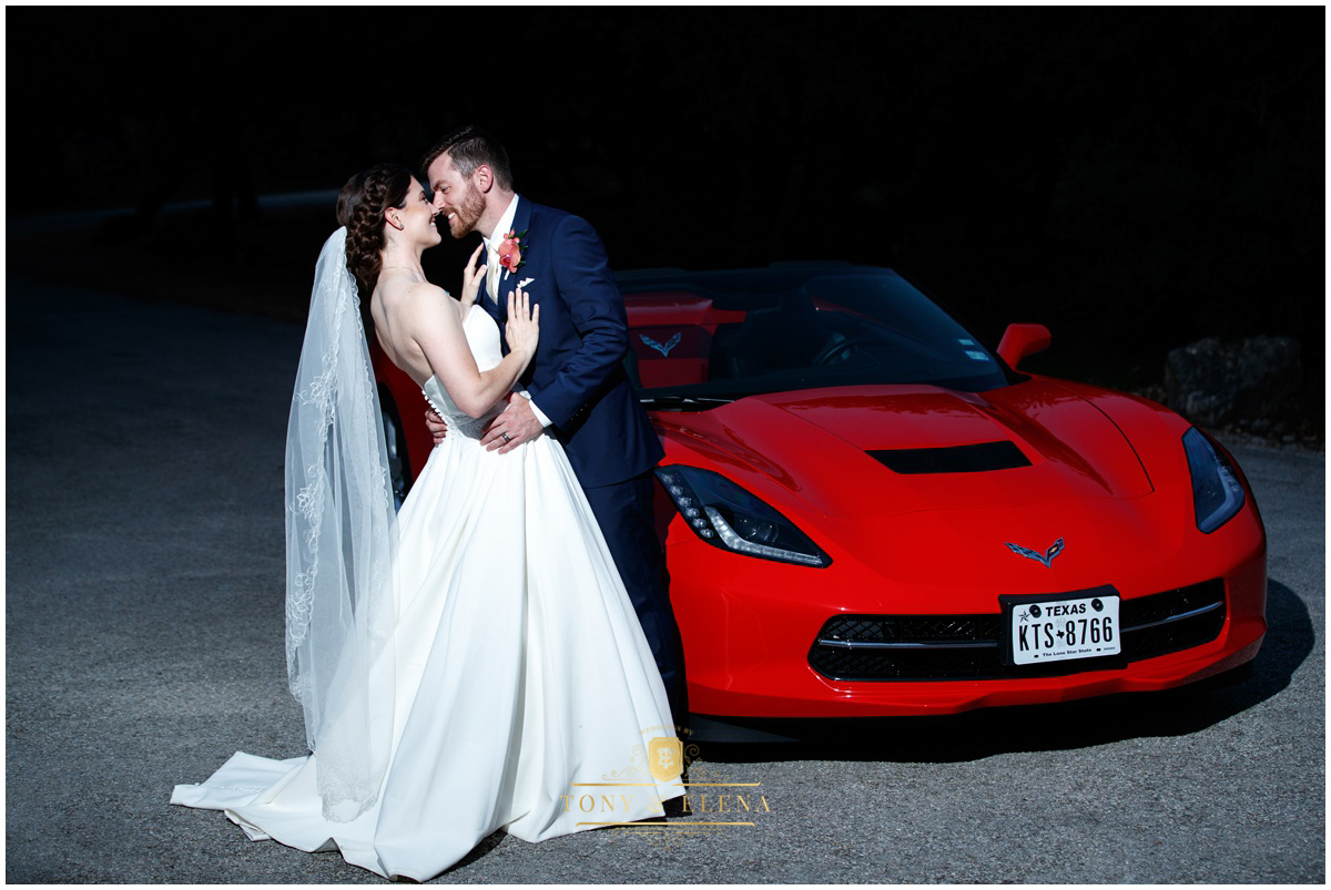 best wedding photographer in austin terrace club bride groom corvette dip kiss
