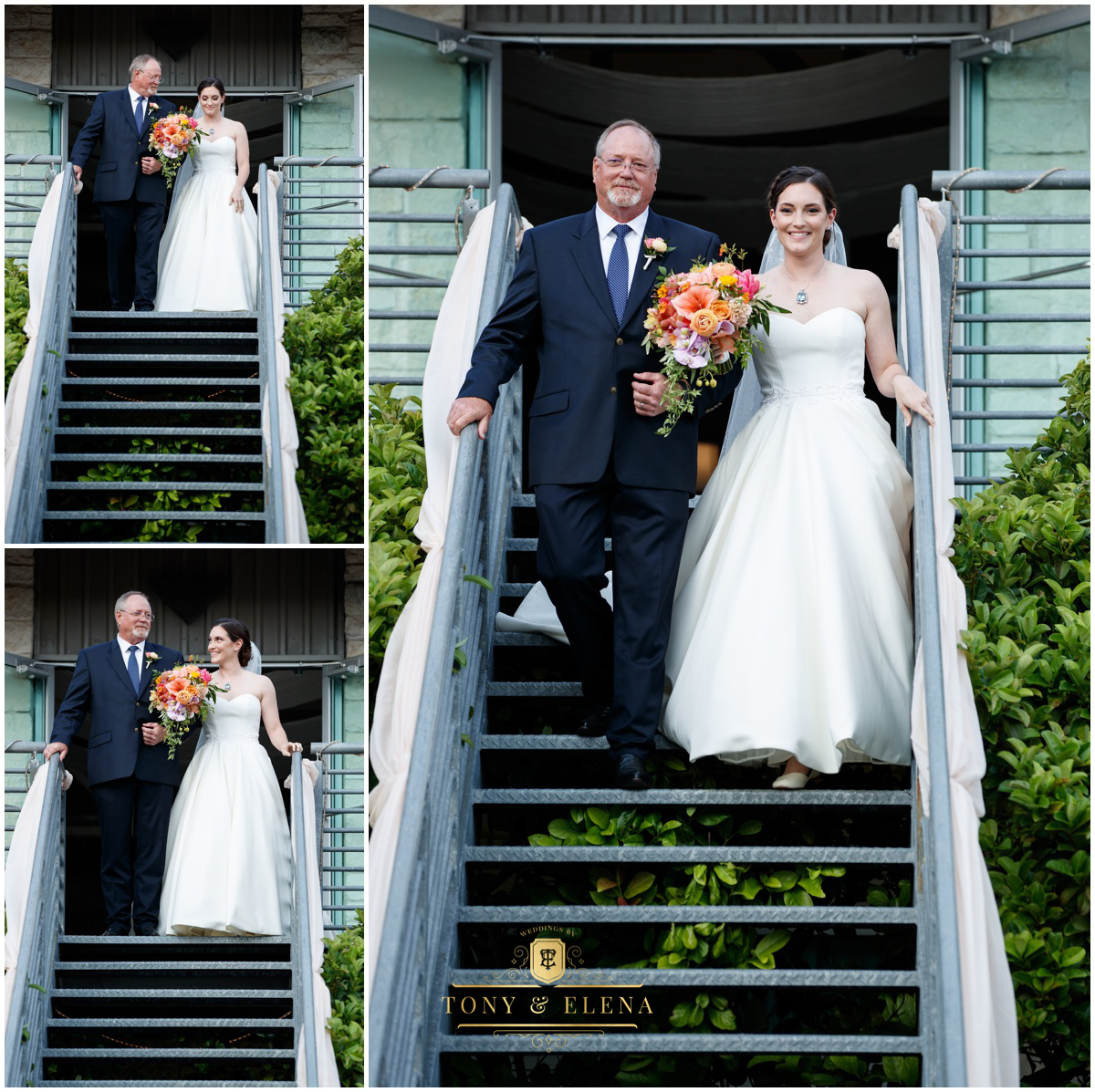 best wedding photographer in austin terrace club bride walking down stairs