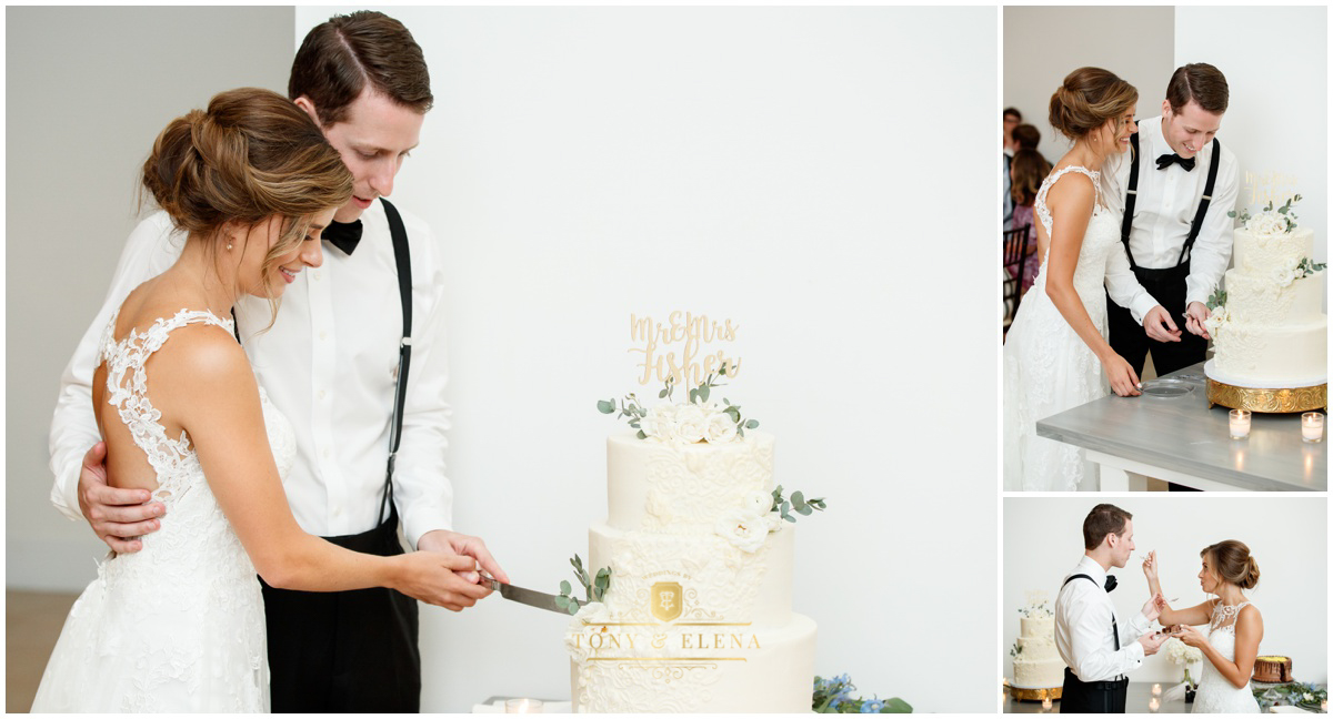 austin wedding photographer ivory oak bride groom cake cutting