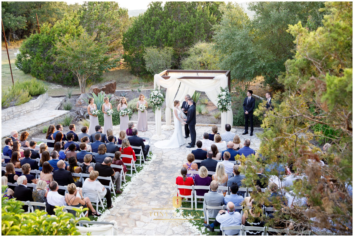 Austin wedding photographer terrace club ceremony wide shot hill country