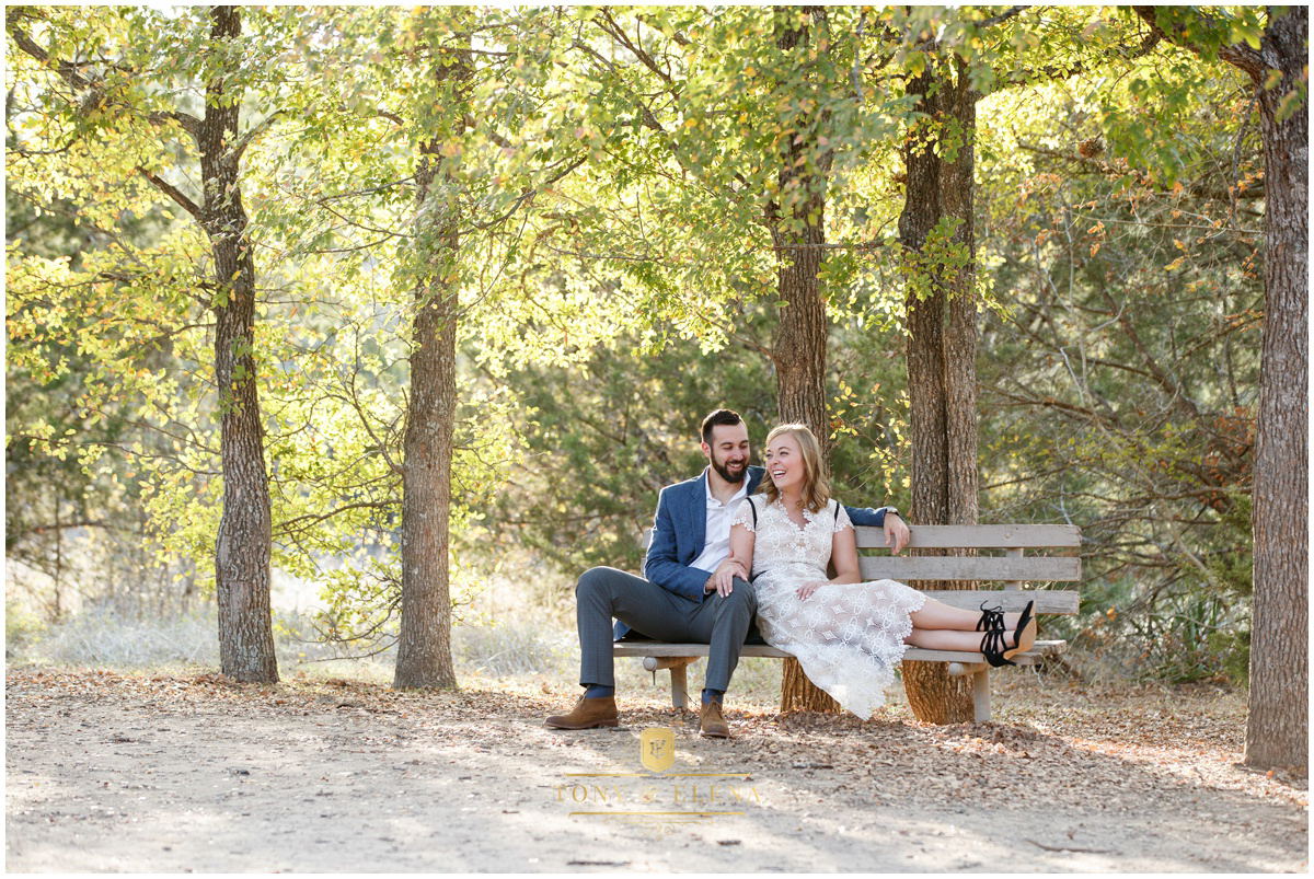 austin engagement session wedding photographer bride groom on park bench